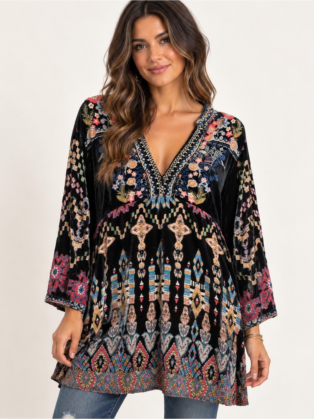 Johnny Was Embroidered Velvet Silk Tunic
